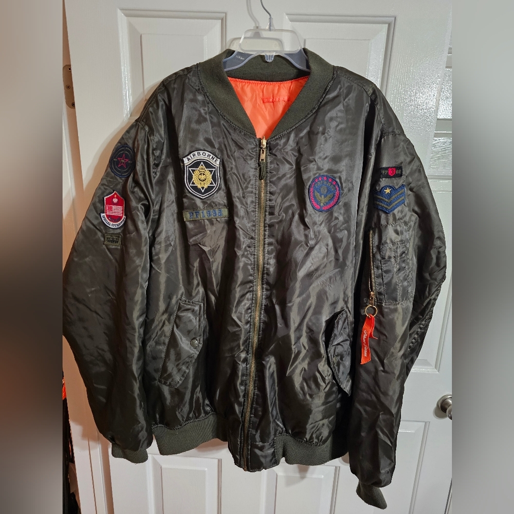 Phat Farm Mens 5XL Military Bomber Jacket Green Nylon Orange Liner Streetwear - Picture 2 of 7